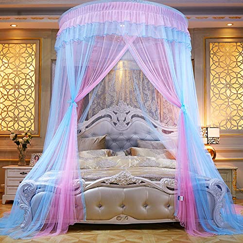  Bed Canopy For Girls - Princess Elegant Lace Round Sheer Mesh Bed Curtains - Canopy For Girls Room Bedding Net For Twin Full Queen King Size (Pink And Blue)