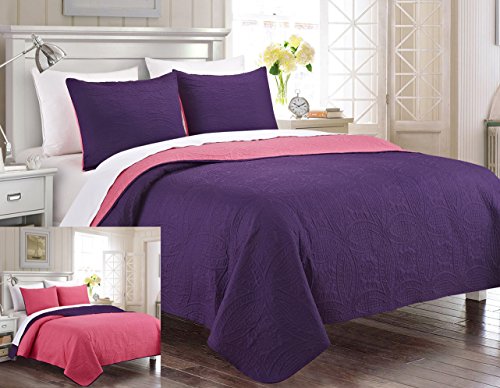  3-Piece Reversible King/Cal King Bedspread Purple/Pink Coverlet Embossed Bed Cover Set