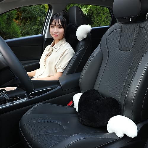  2 Pack Heart Shaped Cute Car Headrest Pillow With Angel Wings - Comfortable Soft Head Rest Cushion Kawaii Car Accessories Neck Pillow For Driving Travelling Office Home Decor - Black Love Heart