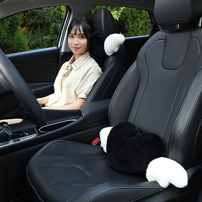  2 Pack Heart Shaped Cute Car Headrest Pillow With Angel Wings - Comfortable Soft Head Rest Cushion Kawaii Car Accessories Neck Pillow For Driving Travelling Office Home Decor - Black Love Heart
