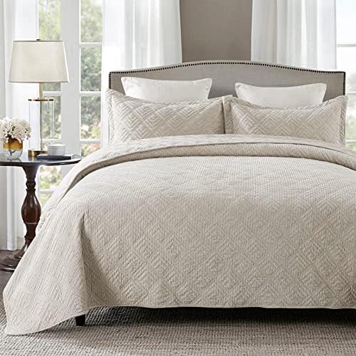  HoneiLife Bedspread Quilt Set King - 3 Piece Embroidered Corduroy Bedspreads Luxurious Coverlet Lightweight Bedcover Warm Bedding Set All Season Quilts-Taupe, King Size