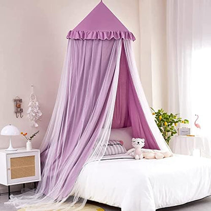  Kertnic Bed Canopy For Kids Room Double Layer Mosquito Net, Hanging Play Tent Children Reading Nook Canopies, Round Dome Princess Castle Dreamy Bedding For Girls Room House Décor (Beige Pink)