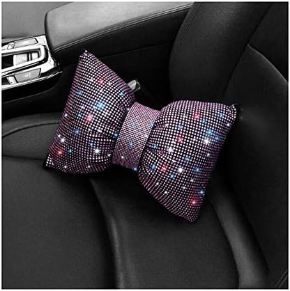  Happyera 1 Pack Bling Bling Rhinestones Bowknot Car Headrest Pillow, Crystal Lumbar Support Pillow, Neck Rest Pillow For Car, Head Neck Support For Pain Relief - White Waist Pillow