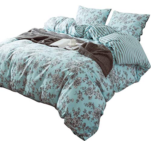  3-Piece Cotton Duvet Cover Set. 100% Cotton Percale Fabric. Real Reversible Design. Pre-Washed Printed Fabrics. Soft And Easy Care. Modern Farmhouse Style. (Green, King Set)