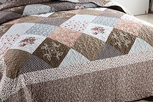  Yvooxny 3-Piece Queen Quilt Sets Bedspread Coverlet Set With Shams Microfiber Quilted Bedding Set, Brown Floral Patchwork Pattern