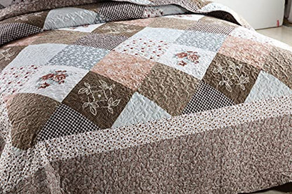  Yvooxny 3-Piece Queen Quilt Sets Bedspread Coverlet Set With Shams Microfiber Quilted Bedding Set, Brown Floral Patchwork Pattern