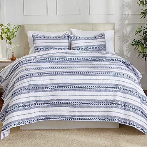  3 Piece King Quilt Set With Shams | Soft & Breathable For Spring & Summer | All-Season Quilt | Multi Layer Coverlet | Lightweight Bedspread | Boho Stripes | Bettina Collection (King, Parchment)