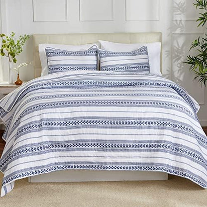  3 Piece King Quilt Set With Shams | Soft & Breathable For Spring & Summer | All-Season Quilt | Multi Layer Coverlet | Lightweight Bedspread | Boho Stripes | Bettina Collection (King, Parchment)