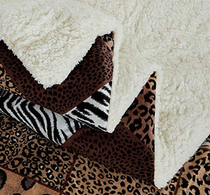  GrandLinen 3 Piece (California) Cal King Size Brown Black White Animal Print Safari Comforter Set. Leopard, Zebra, Cheetah Winter Micro Fur Bedding With Sherpa Backing