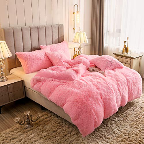  Faux Fur Velvet Fluffy Bedding Duvet Cover Set Down Comforter Quilt Cover With Pillow Shams, Ultra Soft Warm And Durable (Twin, Pink)