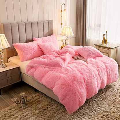  Faux Fur Velvet Fluffy Bedding Duvet Cover Set Down Comforter Quilt Cover With Pillow Shams, Ultra Soft Warm And Durable (Twin, Pink)