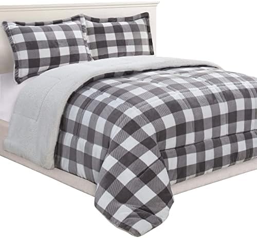  Elegant Comfort 3-Piece Buffalo Lodge-Plaid Comforter Set, Luxurious, Heavyweight, All Season, Down Alternative-Micromink Sherpa-Backing Reversible Micro-Suede, Soft And Plush, Queen, Gray/White