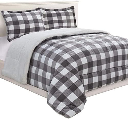  Elegant Comfort 3-Piece Buffalo Lodge-Plaid Comforter Set, Luxurious, Heavyweight, All Season, Down Alternative-Micromink Sherpa-Backing Reversible Micro-Suede, Soft And Plush, Queen, Gray/White