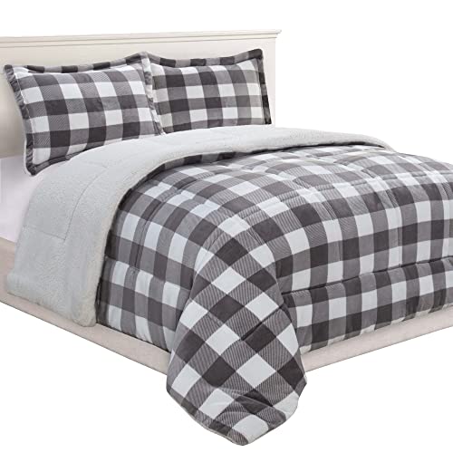  Elegant Comfort 3-Piece Buffalo Lodge-Plaid Comforter Set, Luxurious, Heavyweight, All Season, Down Alternative-Micromink Sherpa-Backing Reversible Micro-Suede, Soft And Plush, Queen, Gray/White