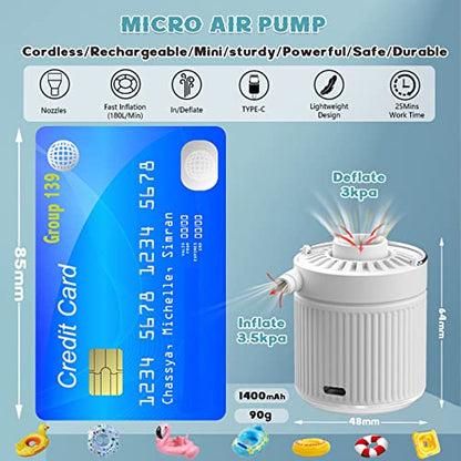  Mini Portable Air Pump For Inflatables, Electric Pump For Air Mattress Sleeping Pad, Rechargable USB Small Travel Air Pump With LED Lighting, Tiny Pump For Swimming Rings Bed Pool Toy (White)