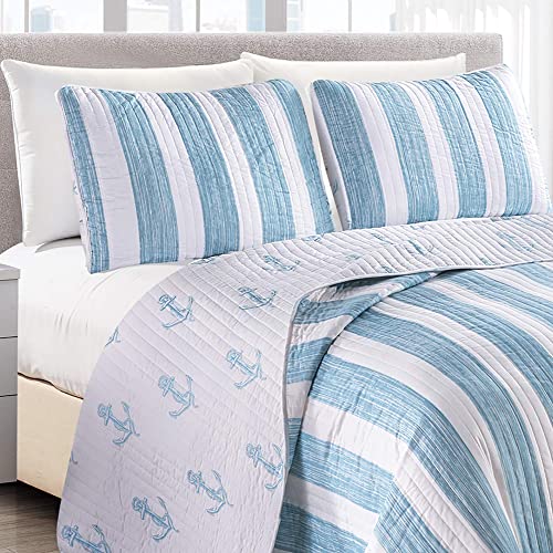  Great Bay Home 2-Piece Twin Reversible Lightweight Nautical Quilt Comforter With 1 Sham | All-Season, Beach Bedspreads | Blue Coastal Coverlet Sets | Casco Bay Quilts Collection