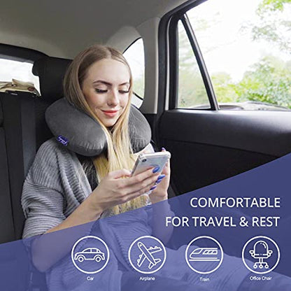  Travel Pillow Memory Foam For Airplanes - Neck Pillow For Traveling, Car, Home, Flight Pillow For Sleeping With Attachable Snap Strap Soft Washable Cover, Provide Head Neck Support Rest, Dark Gray