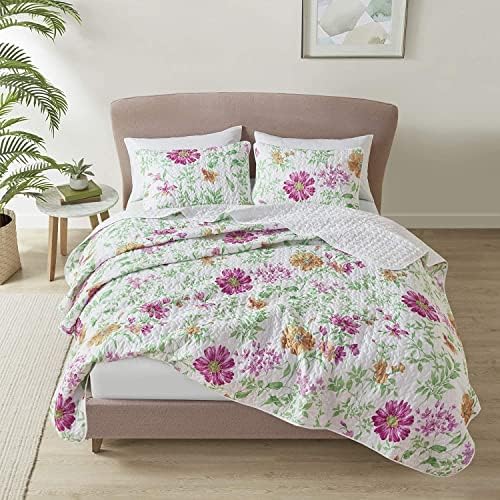  Comfort Spaces Reversible Quilt Set-Vermicelli Stitching Design All Season, Lightweight, Coverlet Bedspread Bedding, Matching Shams, King/Cal King (104 In X 90 In), Natalie Floral Blue 3 Piece