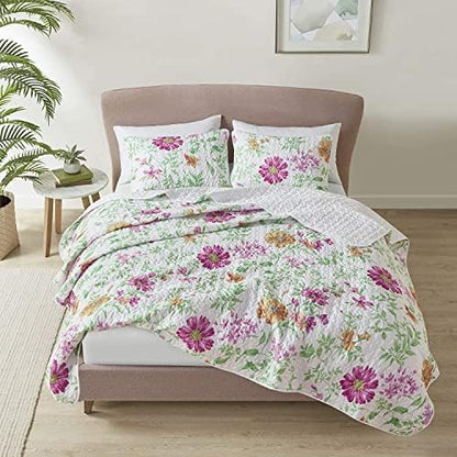  Comfort Spaces Reversible Quilt Set-Vermicelli Stitching Design All Season, Lightweight, Coverlet Bedspread Bedding, Matching Shams, King/Cal King (104 In X 90 In), Natalie Floral Blue 3 Piece