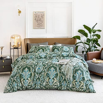  SUSYBAO Vintage Floral Duvet Cover King 100% Egyptian Cotton Garden Botanical Duvet Cover 3 Pieces Set 1 White Flower Duvet Cover With Zipper Ties 2 Pillowcases Luxury Ultra Soft Retro Plant Bedding