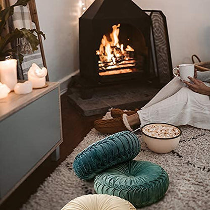  Round Cushions Pillows 15" Large Velvet Floor Couch Pillow Handcrafted Pleated Round Throw Pillow Decoration For Chair Sofa Bed And Car, 1 Pack, Light Teal