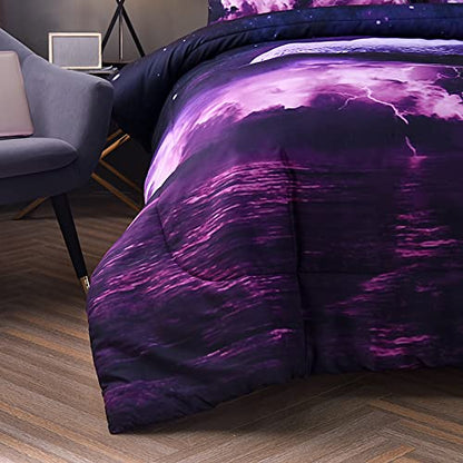  Holawakaka Galaxy Comforter Set, Queen Size Moon Sea Lightning Printed Quilted Bedding Set Bedspread (Purple Moon Sea, Queen)…