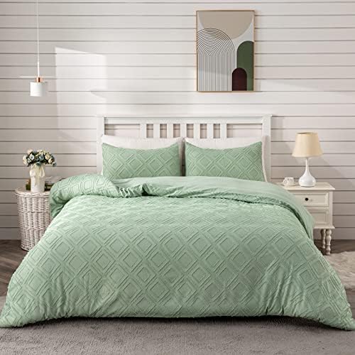  Lamourbear Jacquard & Tufted Duvet Cover Full Size White Bedding Set, All Seasons Comforter Cover, With Double-end Sliders Zipper Closure, 8 Ties, 3 Piece (2 Pillowcase, 1 Duvet Cover), Full