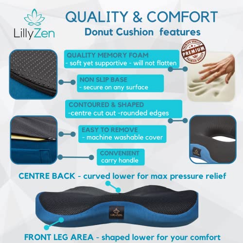  Lillyzen Donut Pillow For Tailbone Pain Relief Memory Foam Cushion Orthopedic Seat Pressure Relief Sitting Coccyx Sciatica Hemorrhoid Pregnancy Postpartum Office Chair Butt Pillows (Black Blue)