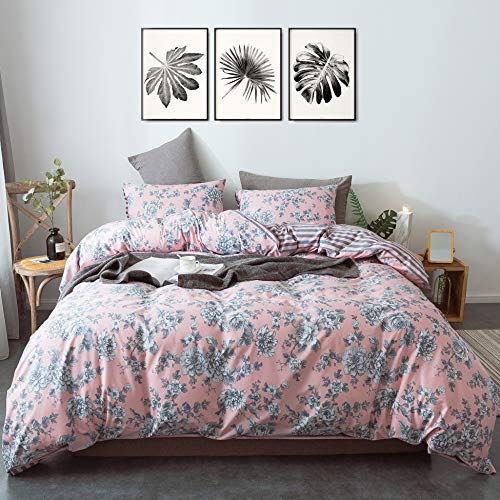  ANNA.Z HOME 3-Piece Cotton Duvet Cover Set. 100% Cotton Percale Fabric. Real Reversible Design. Pre-Washed Printed Fabrics. Soft And Easy Care. Modern Farmhouse Style. (Pink, Queen Set)