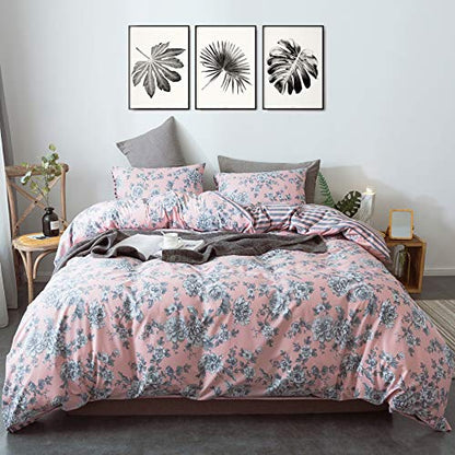  ANNA.Z HOME 3-Piece Cotton Duvet Cover Set. 100% Cotton Percale Fabric. Real Reversible Design. Pre-Washed Printed Fabrics. Soft And Easy Care. Modern Farmhouse Style. (Pink, Queen Set)