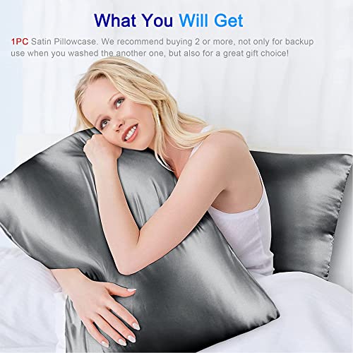  Satin Bed Pillowcase, Both Side Silky Soft Standard Size Satin Pillowcases For Hair And Skin, Bed Pillow Covers With Hidden Zipper, Pillow Protector, Pack Of 1 Piece (Standard, Deep Gray)