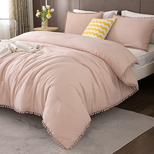  Annadaif White Comforter Set Full Size, Pom Pom Fringe Comforter 3 Pieces, Soft Microfiber Down Alternative Bedding Set For All Season As Gift (1 Comforter,2 Pillowcases)