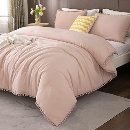  Annadaif White Comforter Set Full Size, Pom Pom Fringe Comforter 3 Pieces, Soft Microfiber Down Alternative Bedding Set For All Season As Gift (1 Comforter,2 Pillowcases)