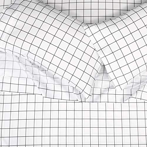  Amazon Basics Soft Microfiber 4 Piece Sheet Set With Elastic Pockets, Full, Black Grid, Geometric