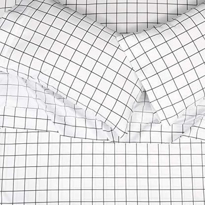  Amazon Basics Soft Microfiber 4 Piece Sheet Set With Elastic Pockets, Full, Black Grid, Geometric