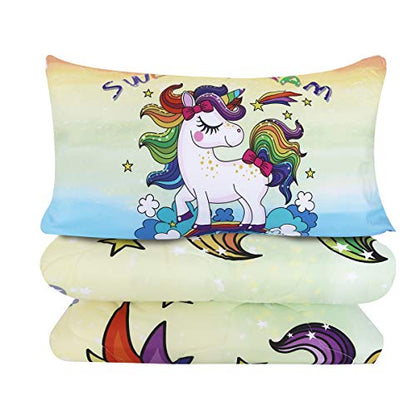  BlessLiving 3 Piece Unicorn Comforter Set With Pillow Shams Cartoon Unicorn Bedding Set With 3D Printed Designs Reversible Comforter Full/Queen Size Bedding Sets, Rainbow