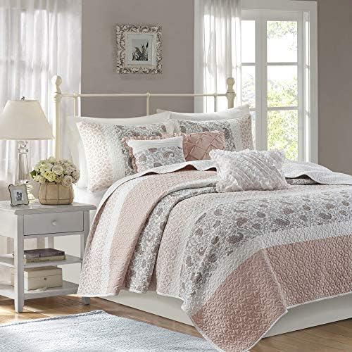  Madison Park 100% Cotton Quilt Set Floral Print, Double Sided Stitching, All Season, Lightweight Coverlet Shabby Chic Bedding Layer, Matching Shams, Full/Queen, Pink 6 Piece