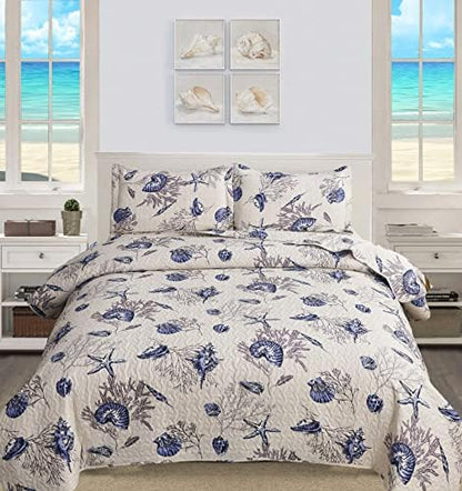 CHESITY 3-Piece Ocean Quilts Set Full/Queen Size Beach Bedspread Lightweight Coastal Bedding Reversible Bedding Cover Nautical Coverlet Set Seaweed Starfish Beach(90"x90")