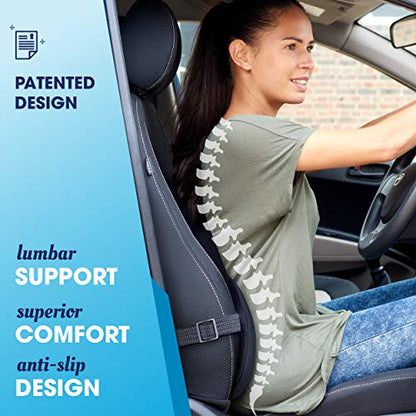  RELAX SUPPORT RS13-S Lumbar Support Pillow For Car - Full Memory Foam, Adjustable Dual Straps, Medium Firm - Promotes Good Spinal Posture&Comfortable Sitting While Driving - Back Support For Car Seat