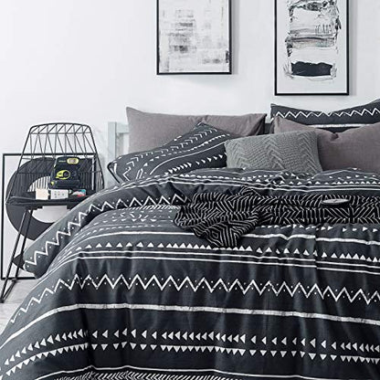  Black Geometric Duvet Cover Queen 100% Cotton Boho Aztec Duvet Cover Set 3 Piece 1 White Bohemian Duvet Cover With Zipper Ties 2 Pillow Cases Luxury Soft Aztec Geometric Bedding Set Breathable