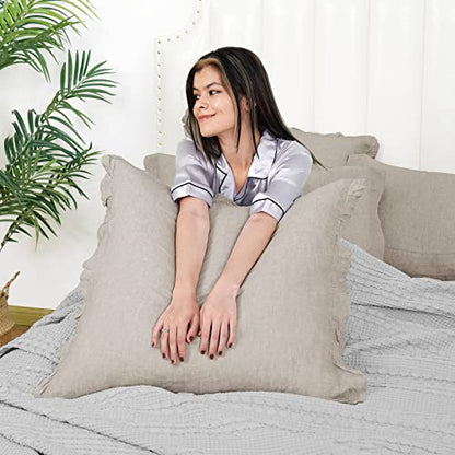  PHF 100% Linen Euro Sham With Ruffle, 26" X 26", Set Of 2, No Insert, Washed Soft French Flax Euro Throw Pillow Covers, Ultra Breathable Durable Comfy Euro Shams For Bed Couch Sofa, Linen