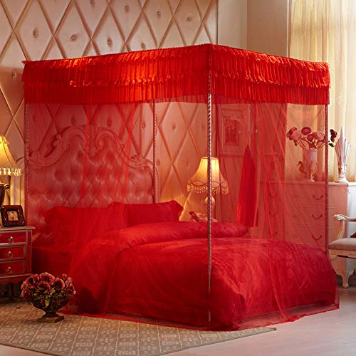  Mengersi Princess 4 Corners Post Bed Canopy Bed Curtains (Queen, Red)
