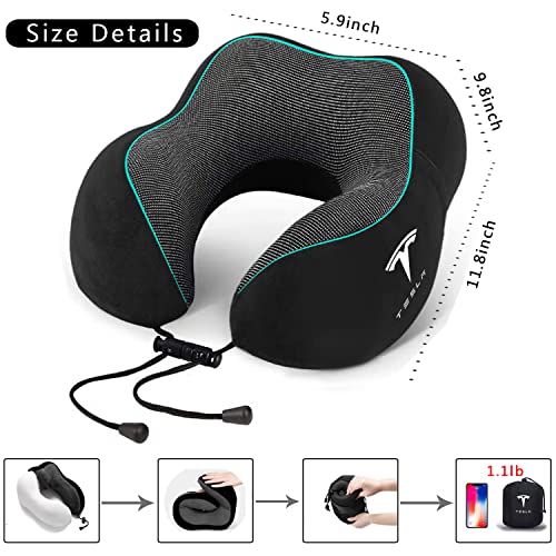  KIKIMO Travel Pillow For Tesla Model 3/Y/S/X Accessories, Tesla Memory Foam Neck Pillow For Airplane/Car/Office&Home Rest Use, Head Support Comfortable Portable Travel Pillows Kit