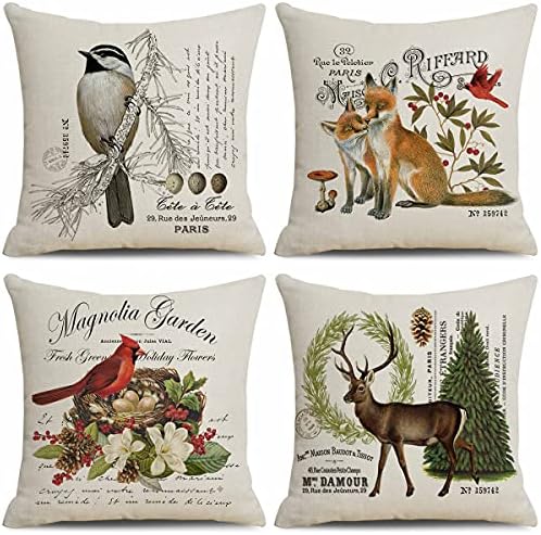  CARROLL Set Of 4 Winter Spring Throw Pillow Cover, Simple Lovely Christmas Animals Pillow Cover, Christmas Decoration Gift Home Decoration Square Sofa Chair Cushion Cover, 18x18 Inch