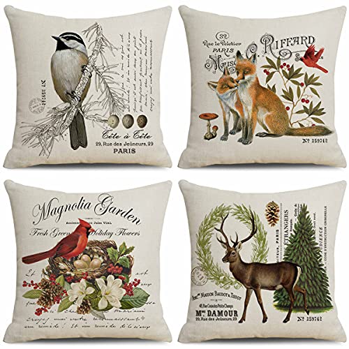  CARROLL Set Of 4 Winter Spring Throw Pillow Cover, Simple Lovely Christmas Animals Pillow Cover, Christmas Decoration Gift Home Decoration Square Sofa Chair Cushion Cover, 18x18 Inch