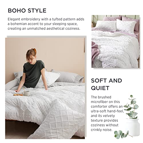  Bedsure Boho Comforter Set Queen - White Tufted Shabby Chic Bedding Comforter Set For All Seasons, 3 Pieces Western Comforter Farmhouse Modern Embroidery Bed Set For Women Men Girls