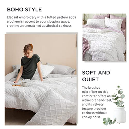  Bedsure Boho Comforter Set Queen - White Tufted Shabby Chic Bedding Comforter Set For All Seasons, 3 Pieces Western Comforter Farmhouse Modern Embroidery Bed Set For Women Men Girls