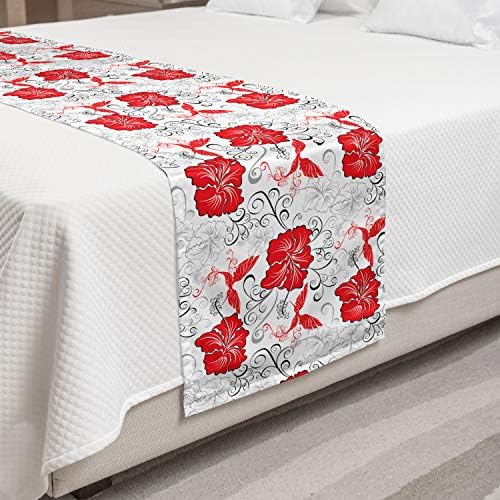  Lunarable Hawaiian Bed Runner, Patterns With Flourishing Hibiscus And Red Hummingbirds Ornamental Background, Decorative Accent Bedding Scarf For Hotels Homes And Guestrooms, Red Black Grey