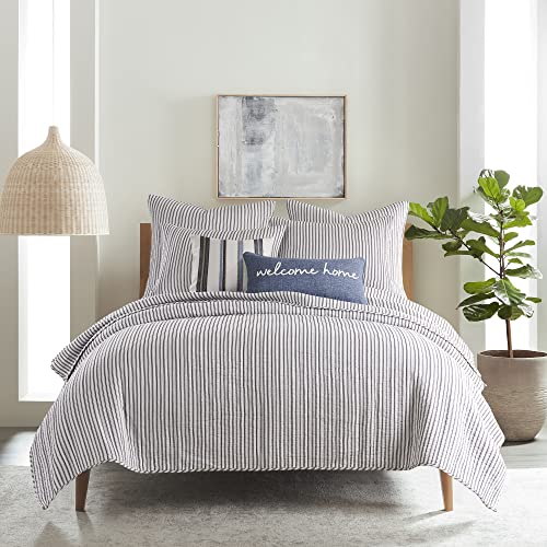  Levtex Home - Tobago Stripe Charcoal - Quilted Charcoal And White Shams Set Of Two (26 X 26 In.) - Pin Stripe - Cotton Fabric