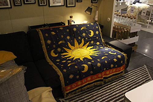  Sun And Moon Stars Hippie Throw Blanket Celestial Tapestry Double-sided Reversible Woven Cotton Home Decor Bedding Chair Couch Recliner Cover Loveseat Rug Oversized Tassels Blue Yellow (71x51)